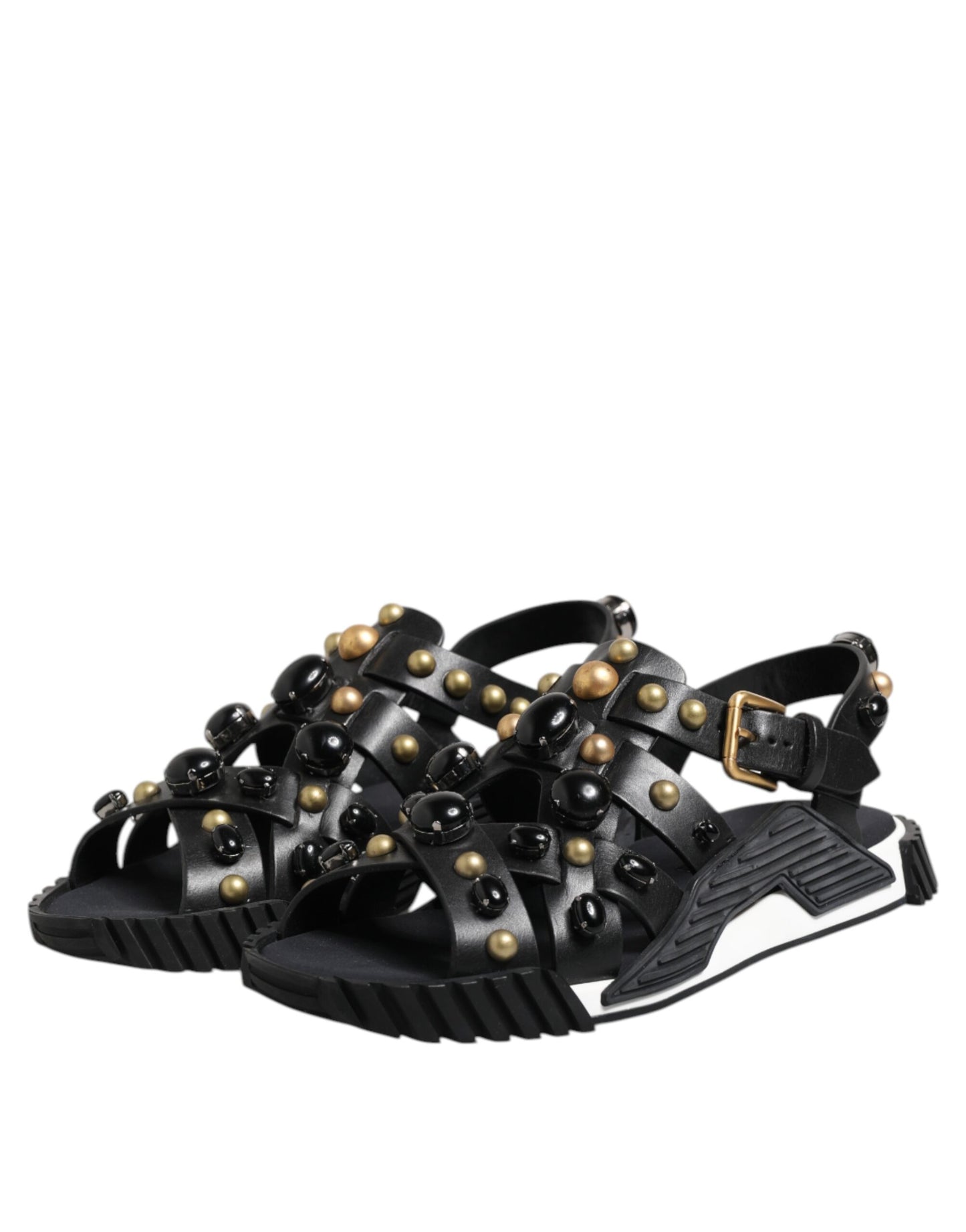 Black Leather Studded Ankle Strap Sandals Shoes