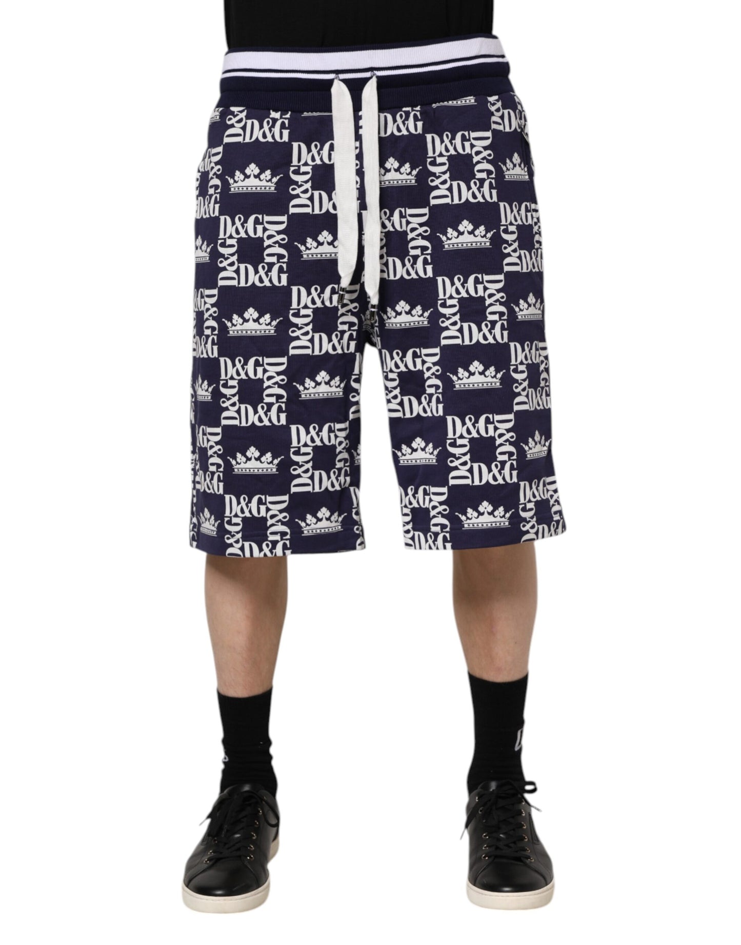 Cotton Blue Crown Logo Print Bermuda Shorts