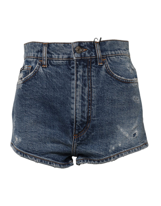 Blue Tattered Denim Cotton Hot Pants Shorts