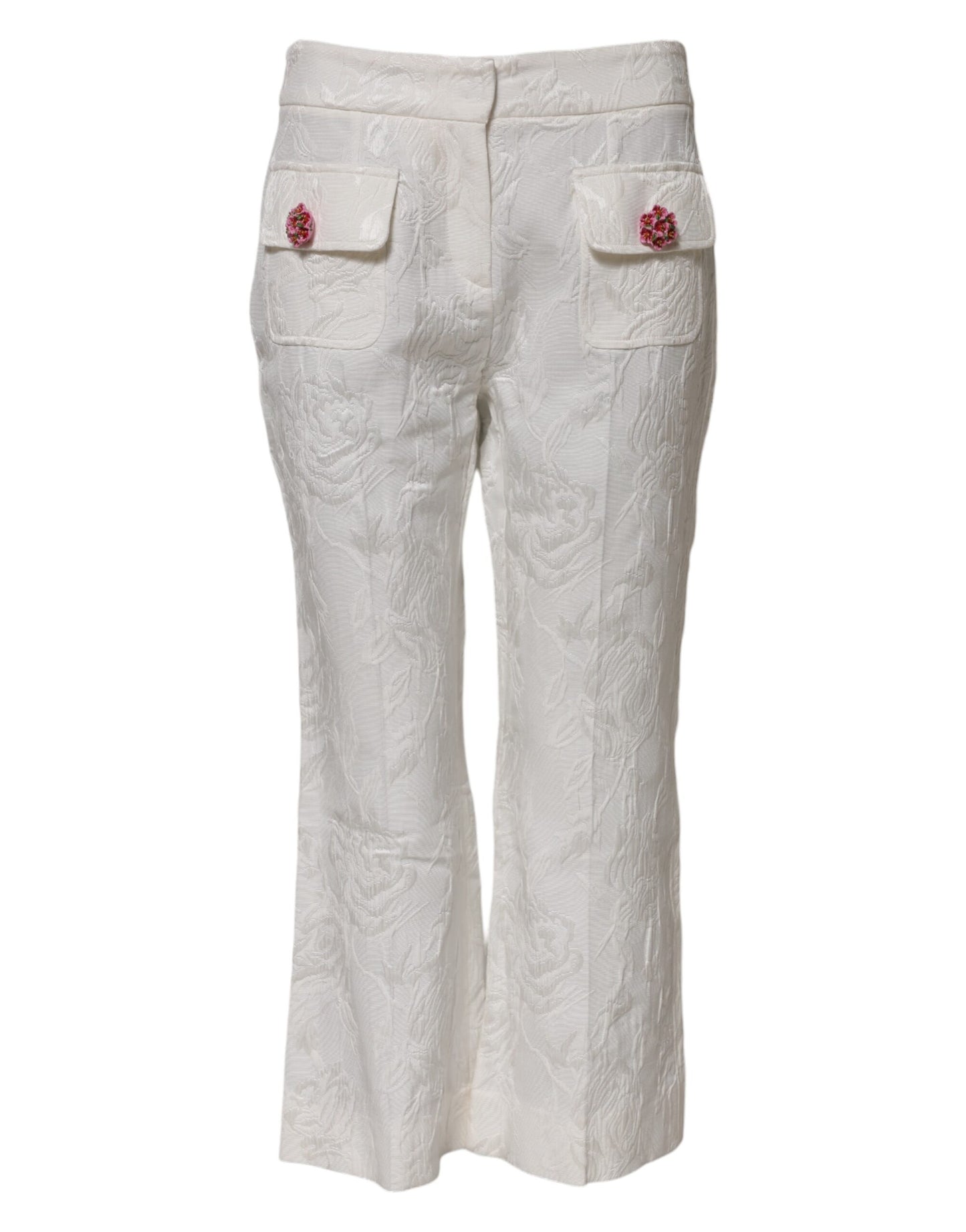 White Cotton Floral Jacquard Pants