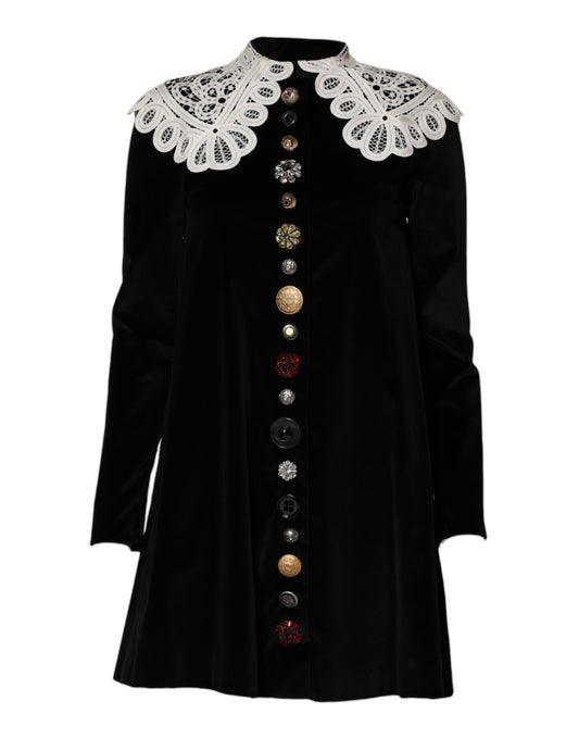 Black Velvet Lace Collared Embellished Dress