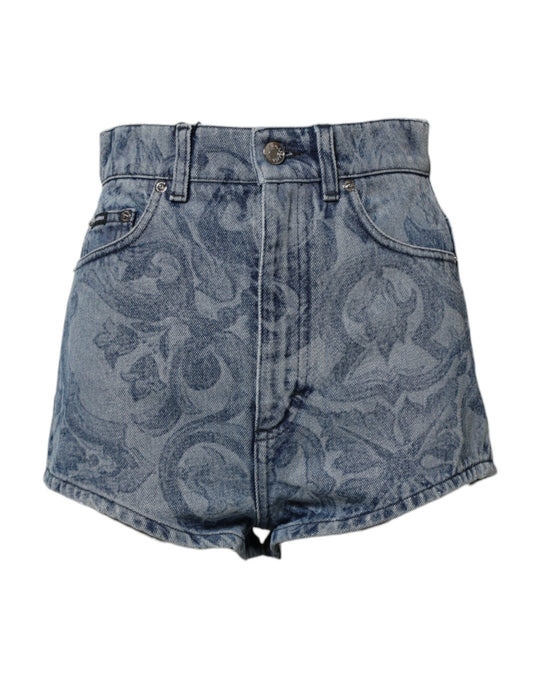 Blue Floral Print Denim Cotton Hot Pants Shorts