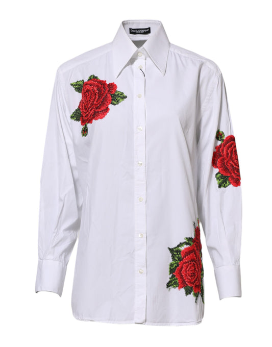 White Rose Embroidery Collared Shirt Top