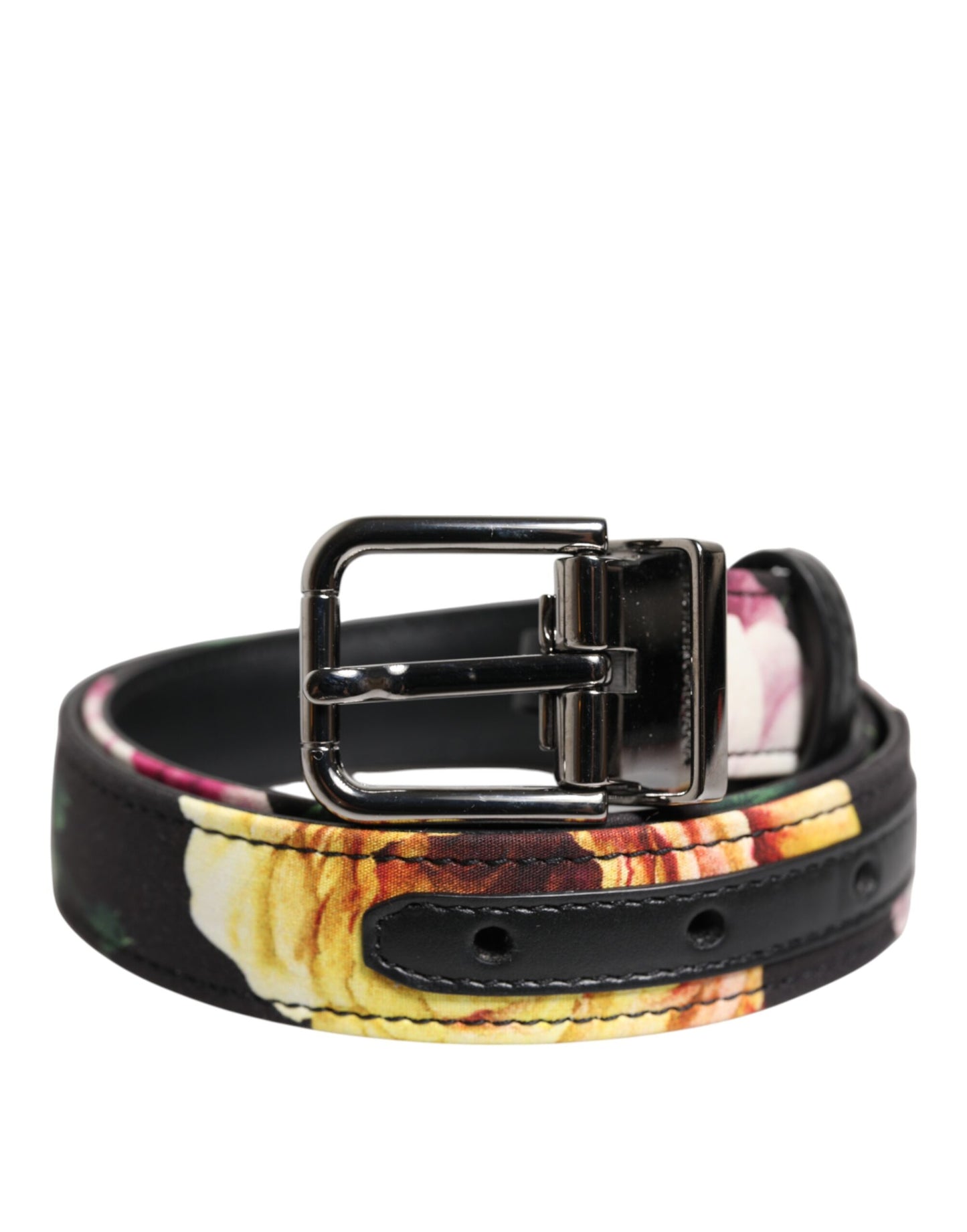 Black Floral Brocade Silver Metal Buckle Belt