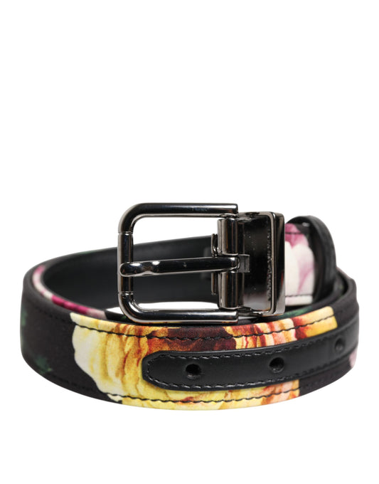 Black Floral Brocade Silver Metal Buckle Belt