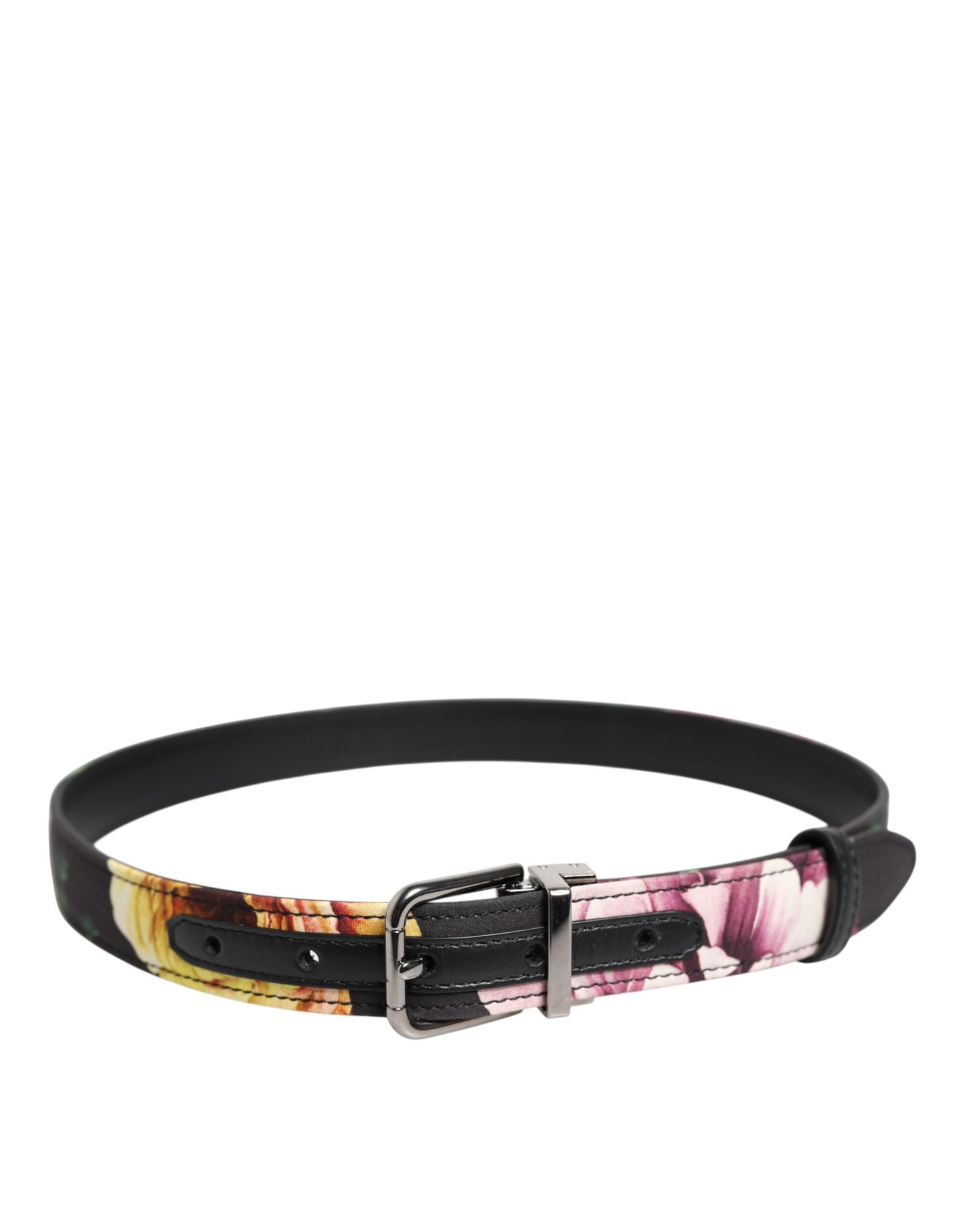 Black Floral Brocade Silver Metal Buckle Belt