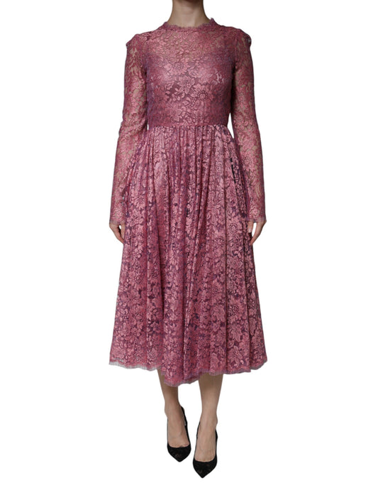 Pink Floral Lace Long Sleeve Midi Dress