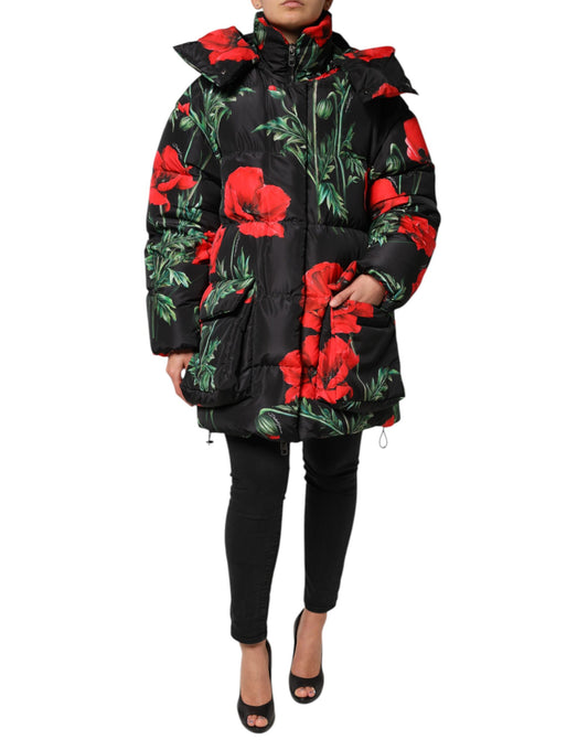 Black Floral Polyester Hooded Quilted Jacket