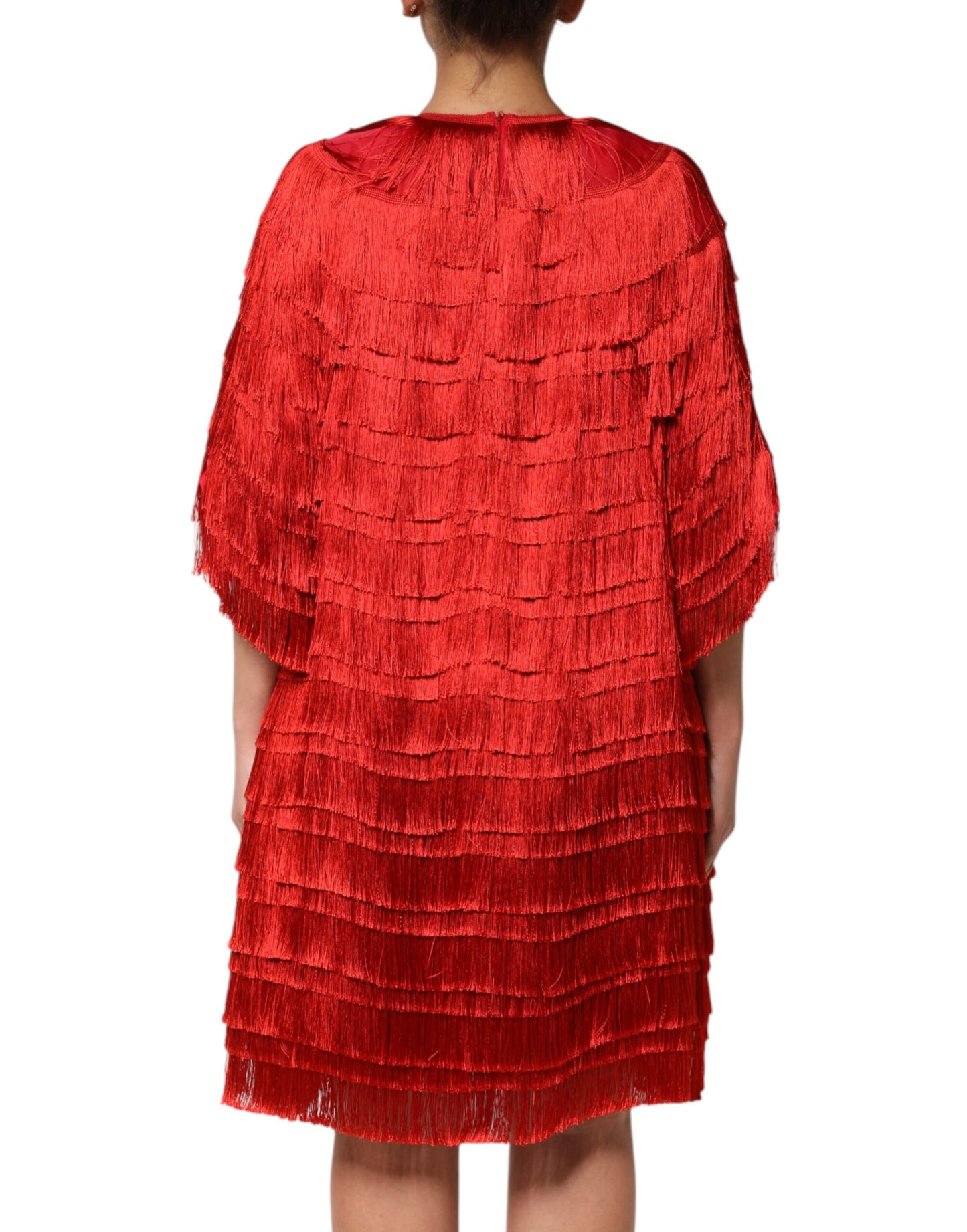 Red Silk Tiers Fringe Shift Knee Length Dress