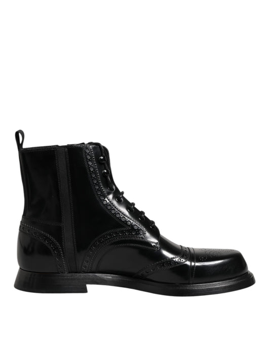 Black Leather Lace Up Mid Calf Boots Shoes
