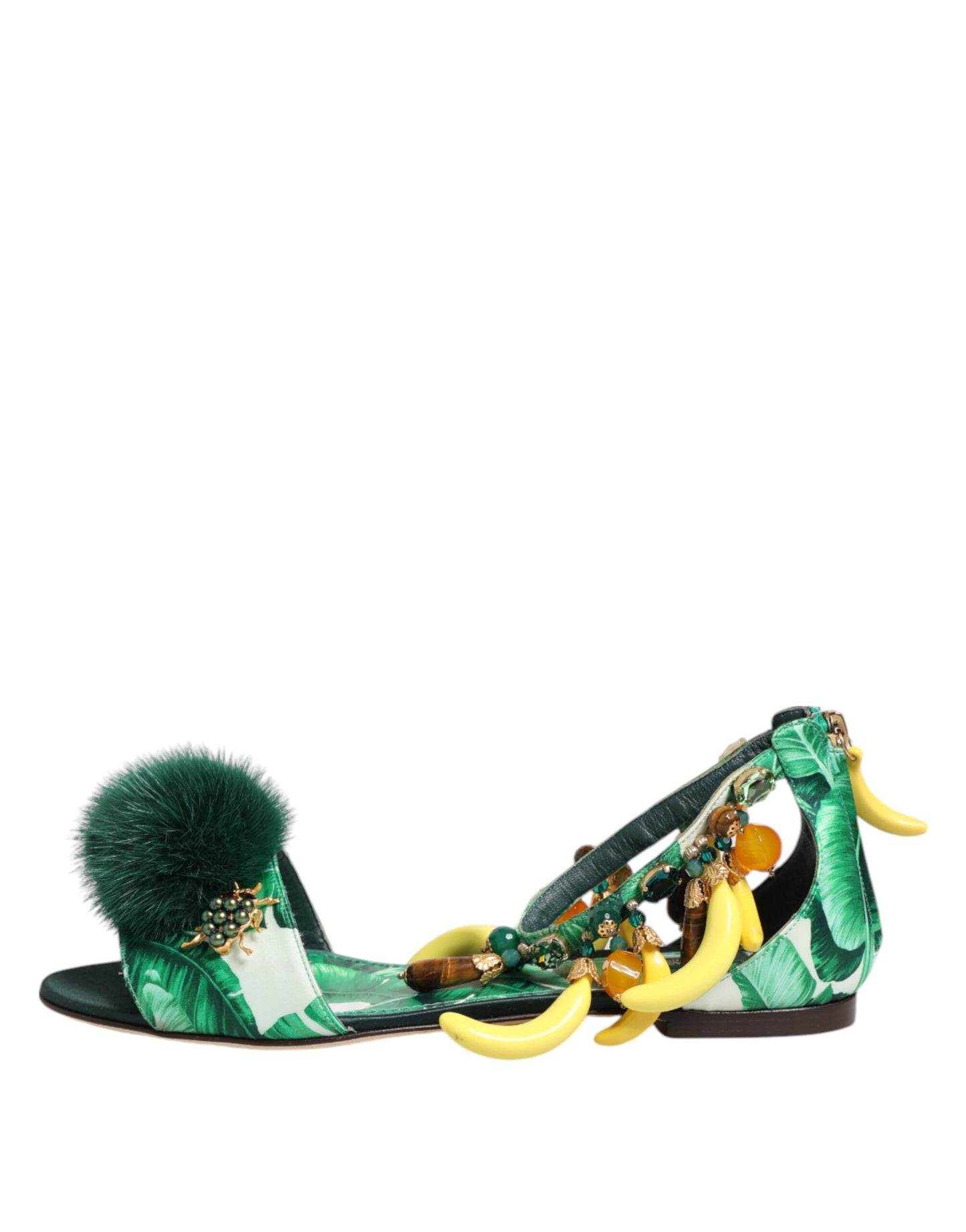 Green Mink Fur Satin Banana Leaf Sandals Shoes