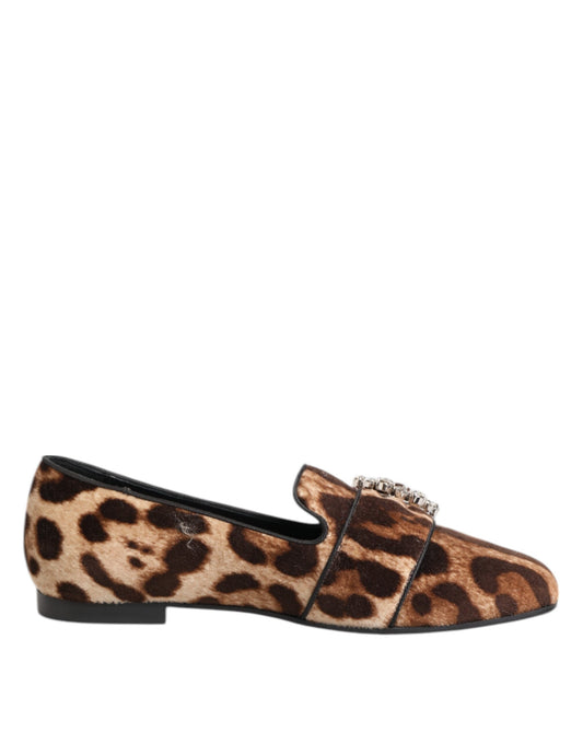 Brown Leopard Print Crystals Loafers Flats Shoes