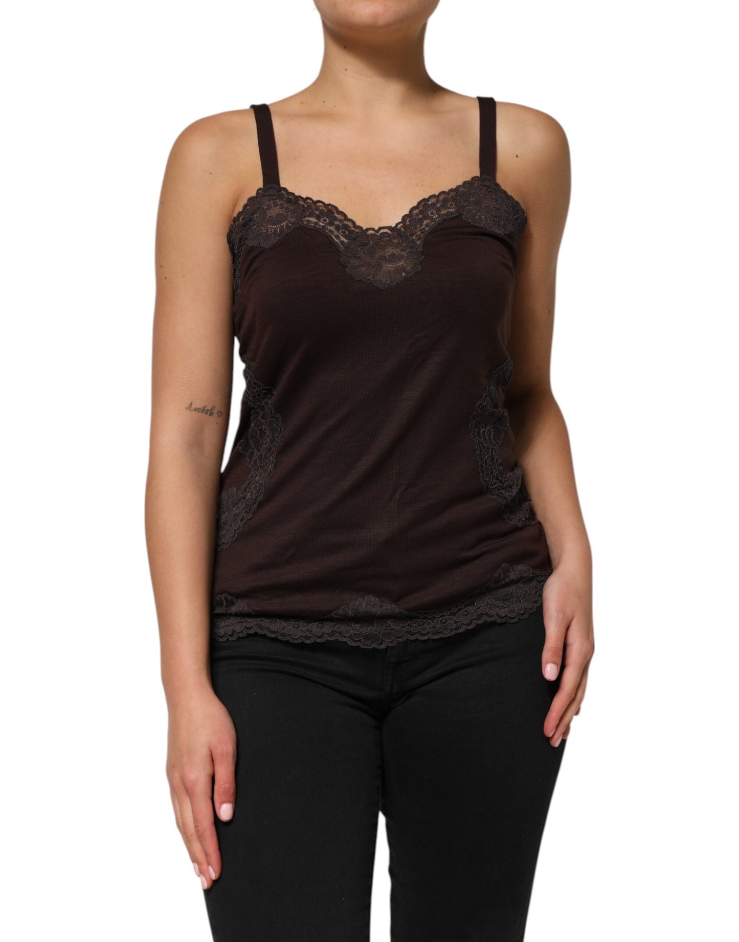 Dark Brown Lace Trim Wool Sleeveless Tank Top