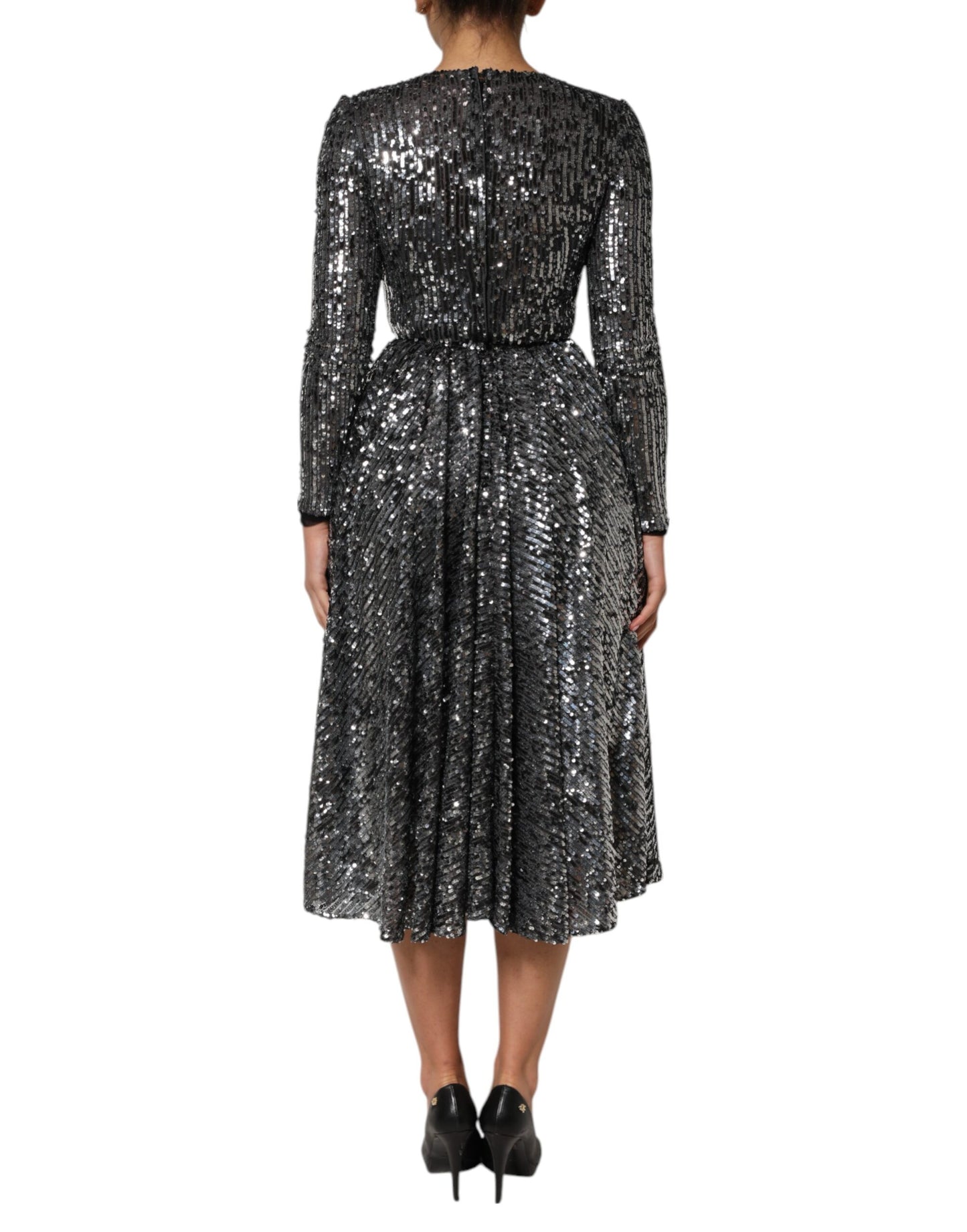 Black Sequined Long Sleeves Midi A-line  Dress