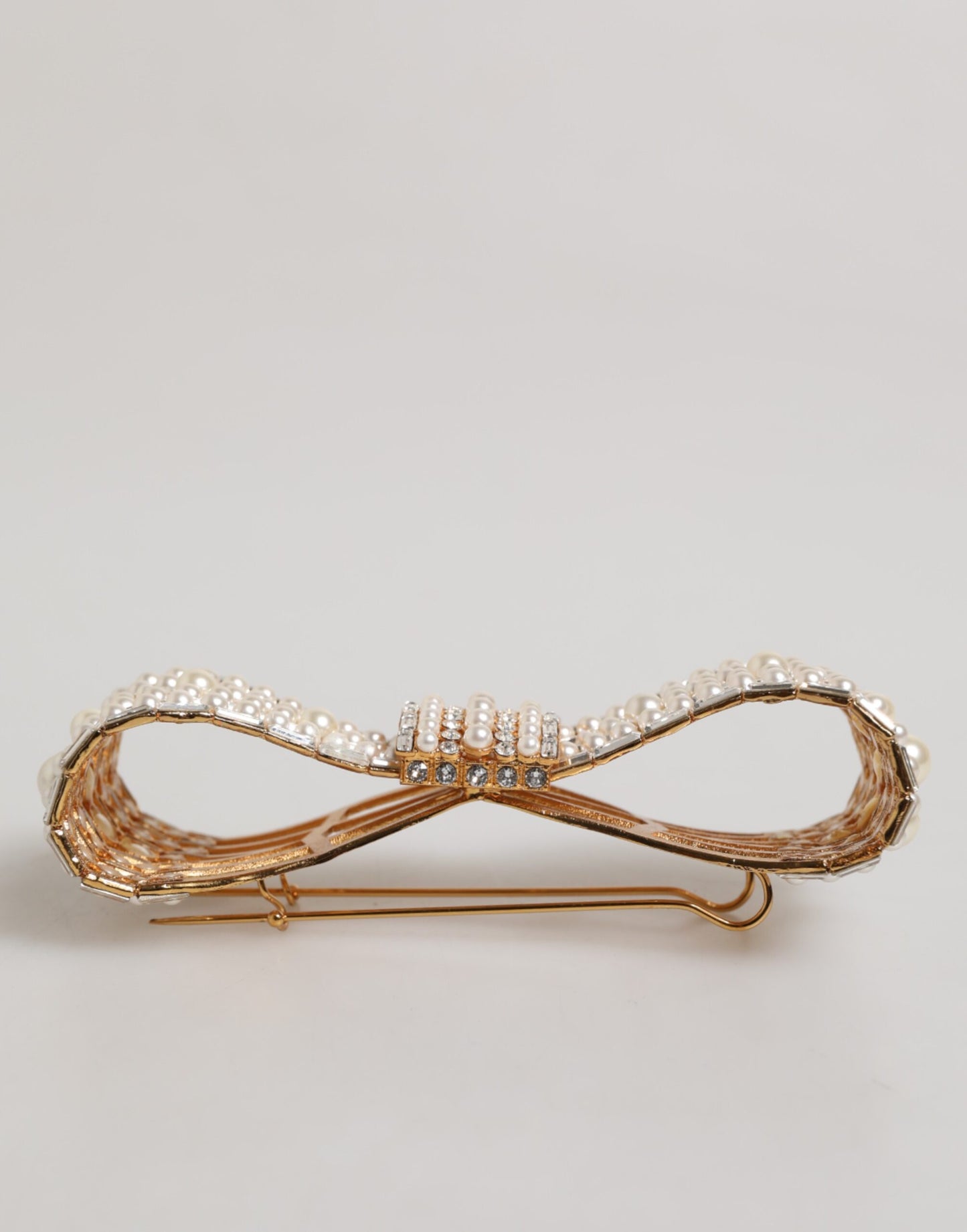 Gold Tone Brass Bow Crystal FauxPearl Embellished Brooch