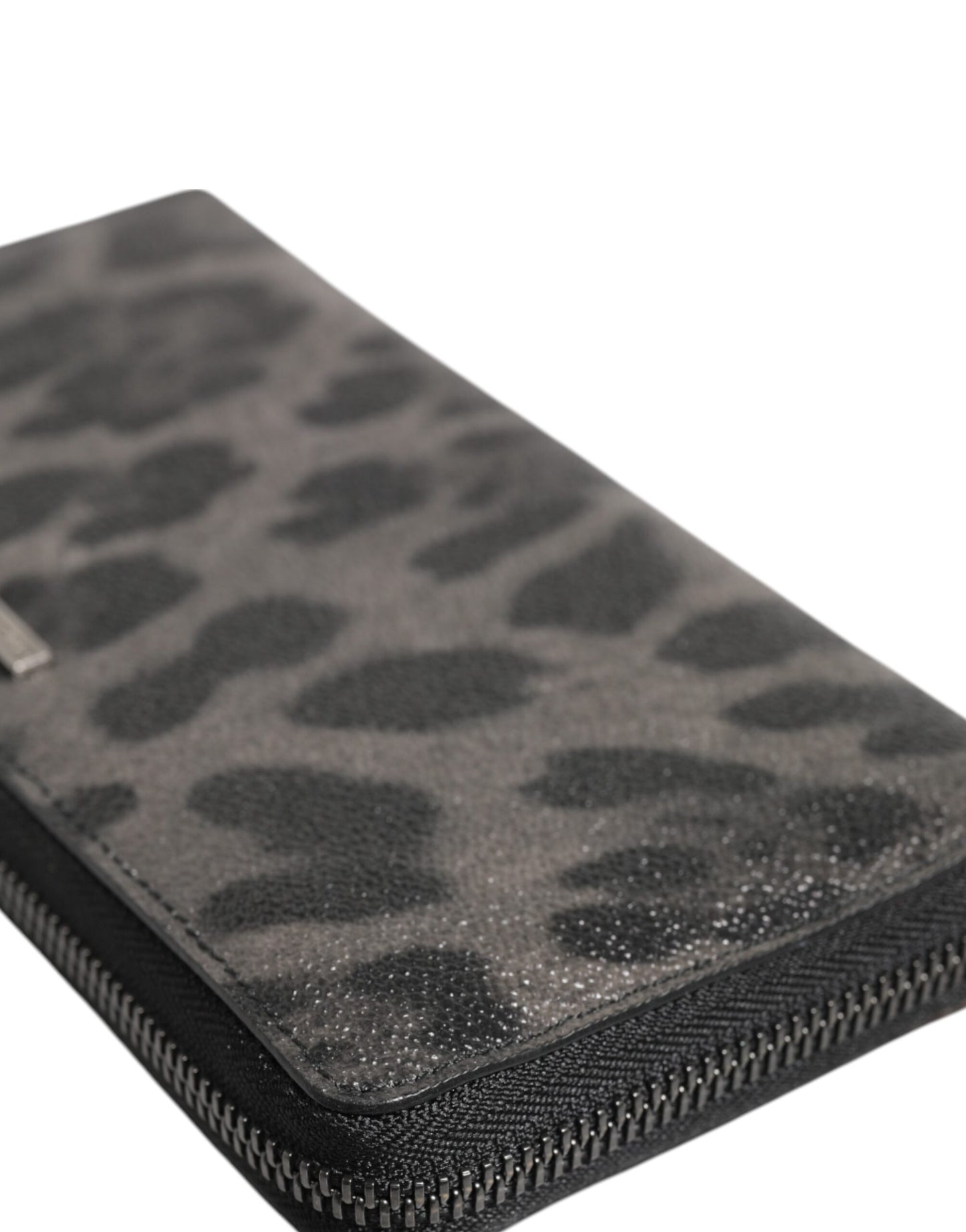 Black Gray Leopard Leather Zip Around Continental Wallet