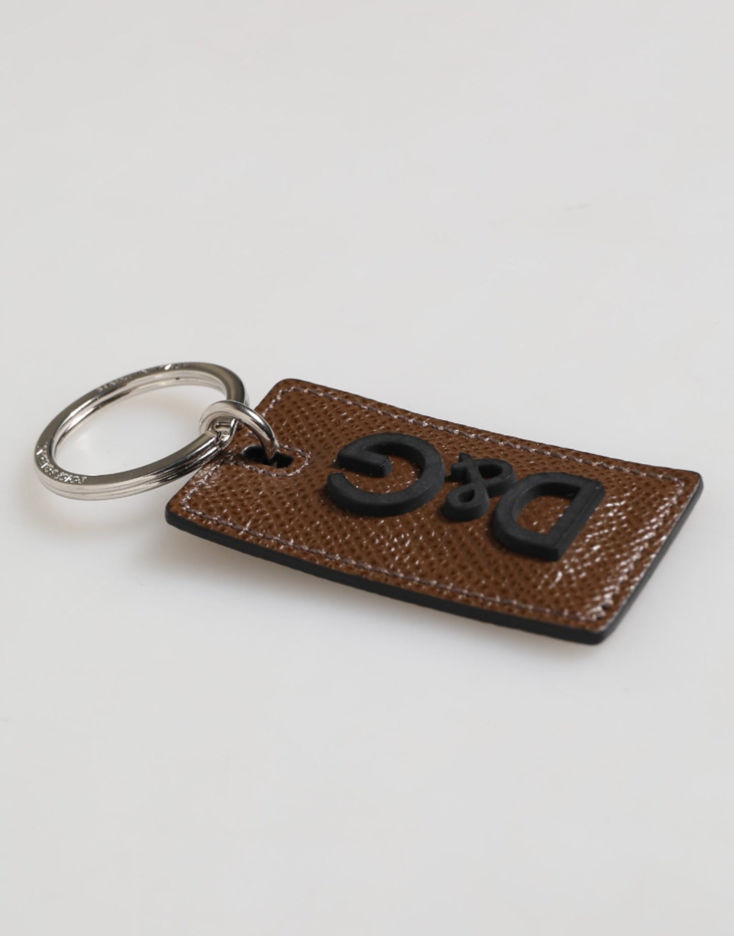 Dark Brown Leather Logo Metal Ring Keychain Holder Keyring