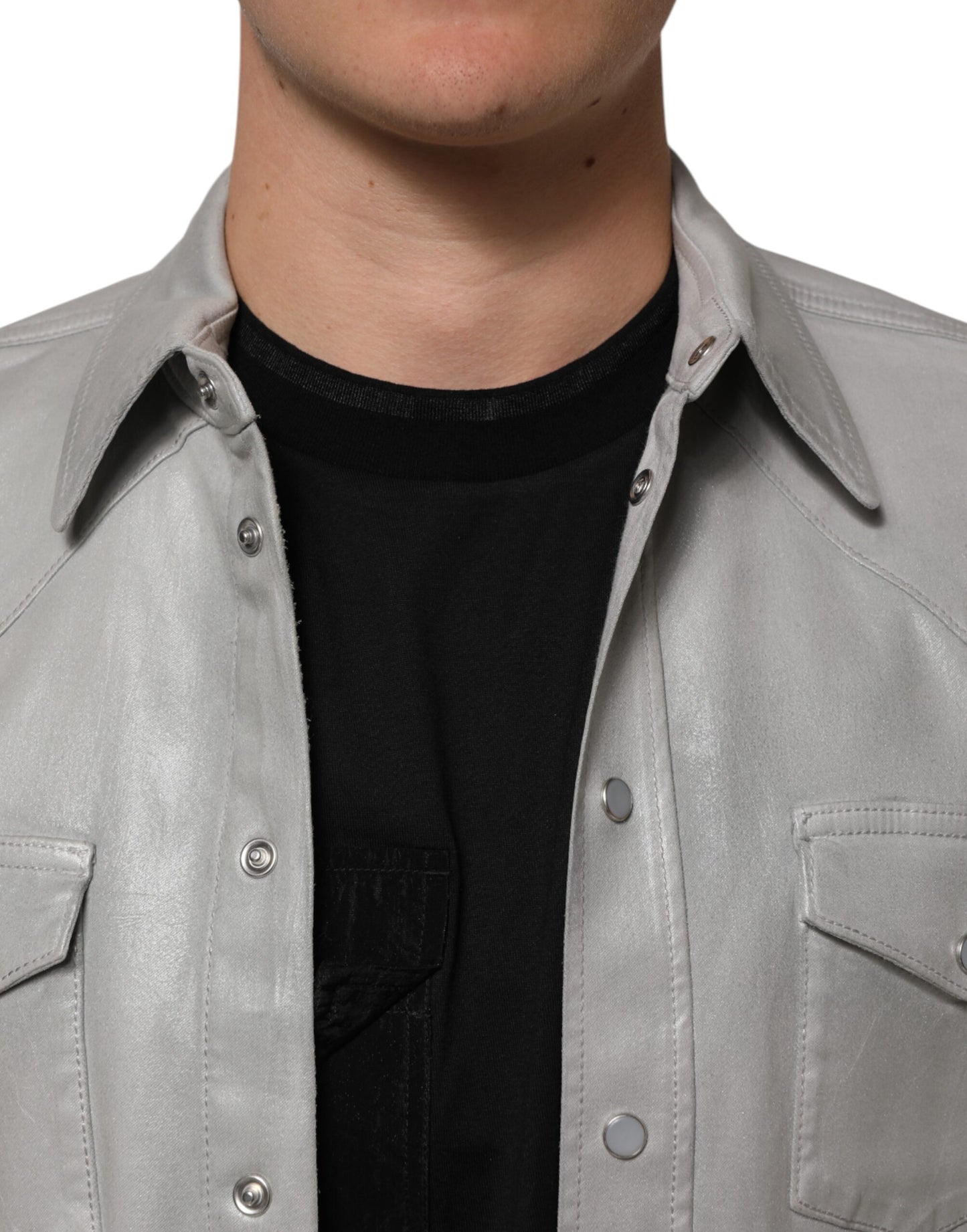 Gray Coated Cotton Snap Button Logo Men Shirt