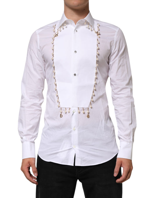 White Cotton DG Logo Pearl Chain Formal Shirt