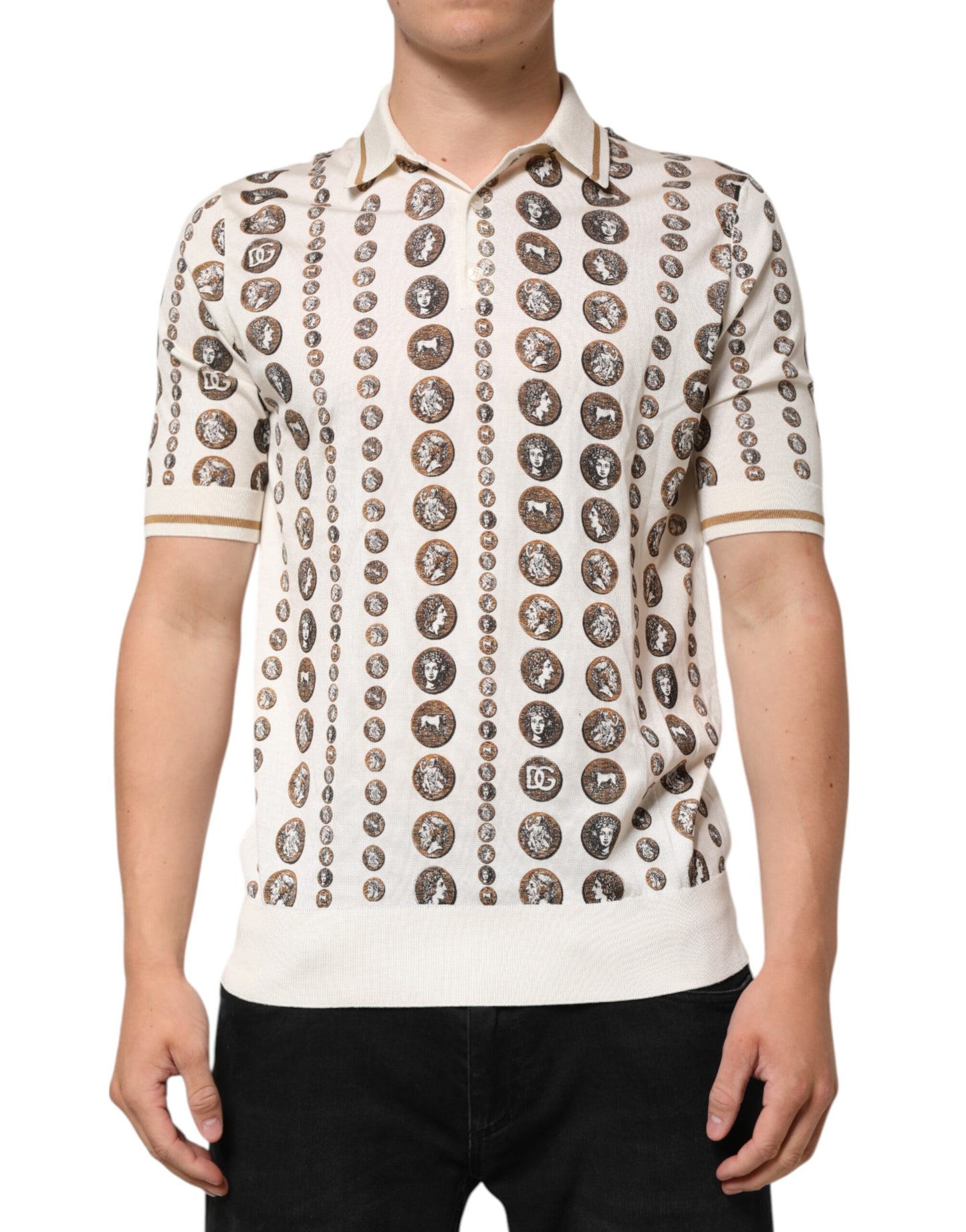 Silk Ivory Coin Print Logo Men Polo T-shirt