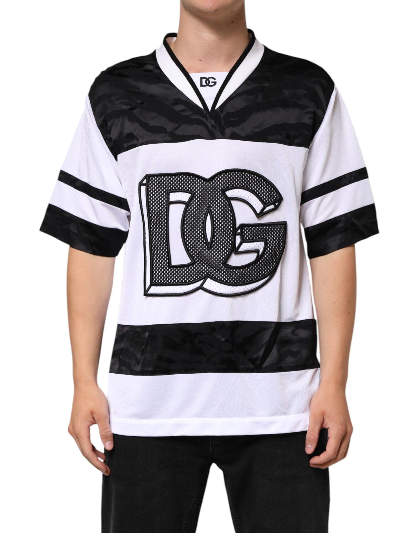 White Black Polyester DG Logo Mesh Jersey T-shirt