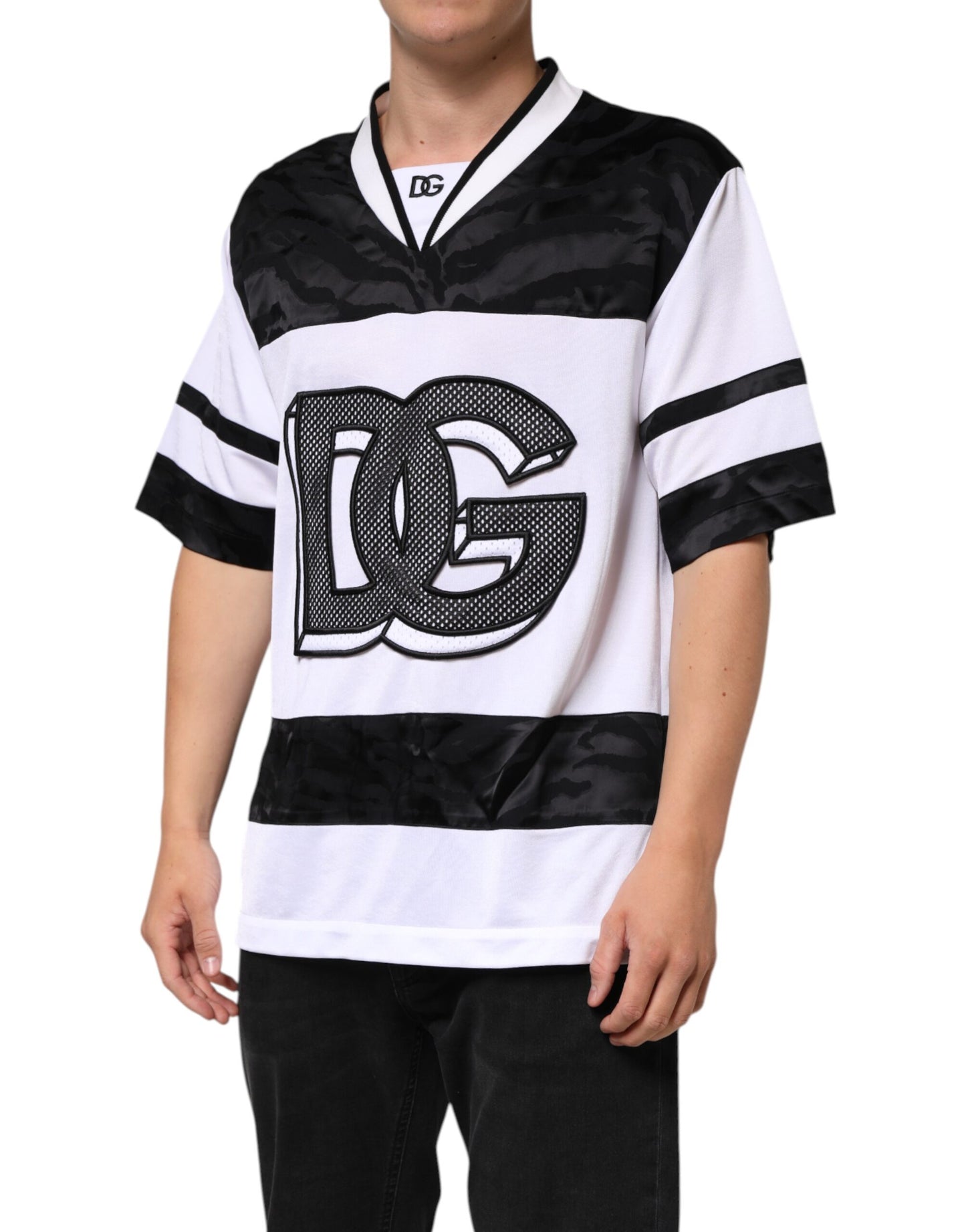 White Black Polyester DG Logo Mesh Jersey T-shirt