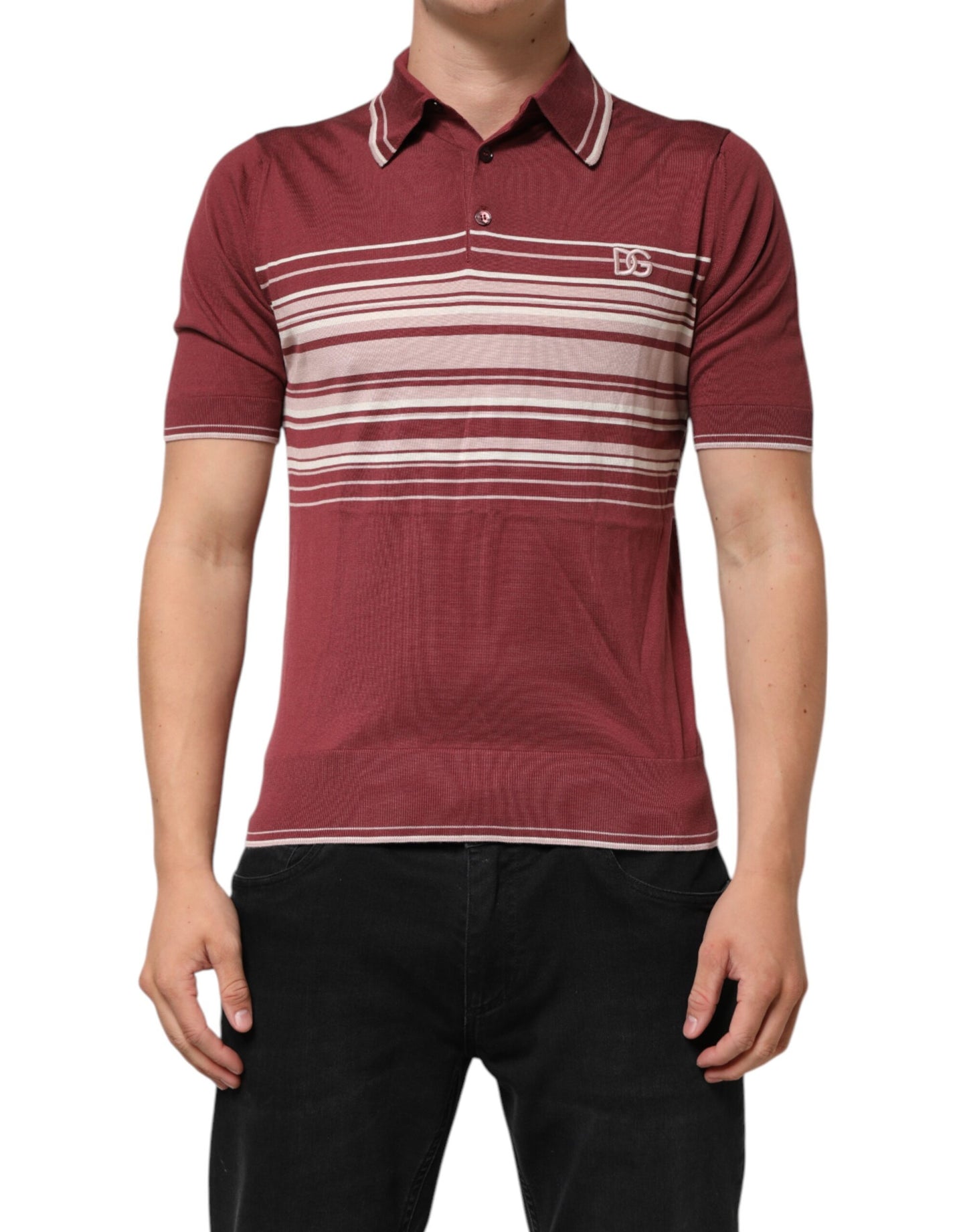 Cotton Burgundy Striped DG Logo Polo  T-shirt