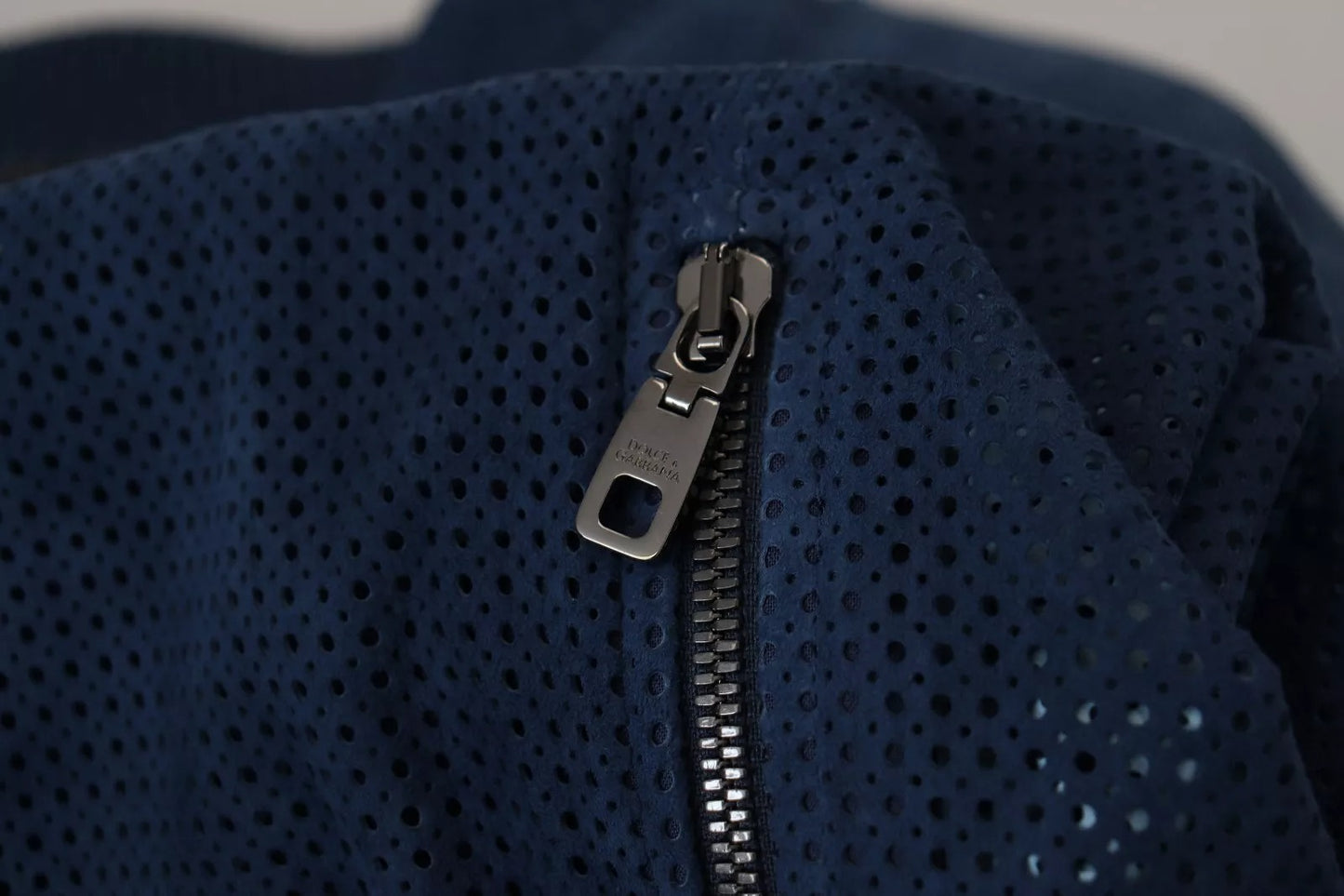 Blue Leather Perforated Full Zip Jacket