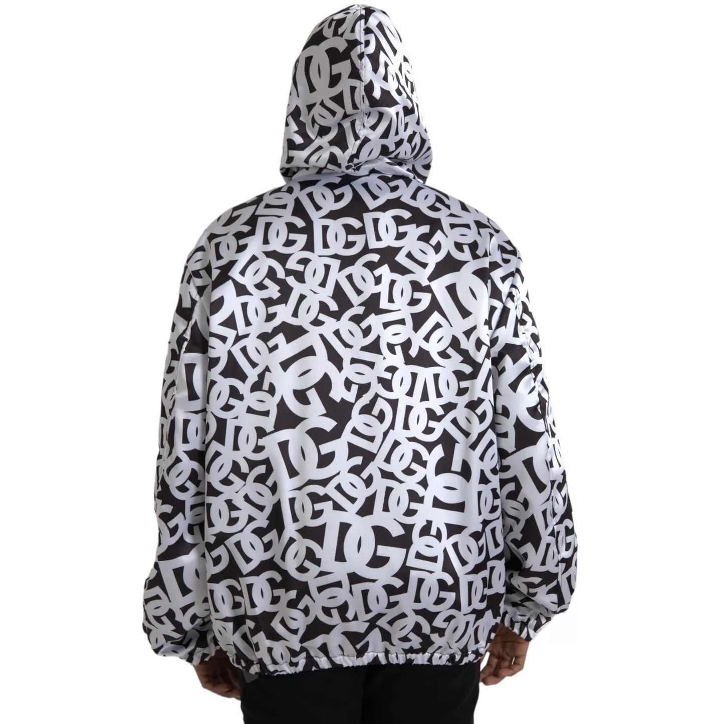 White Black Logo Hooded Full Zip Bomber Jacket