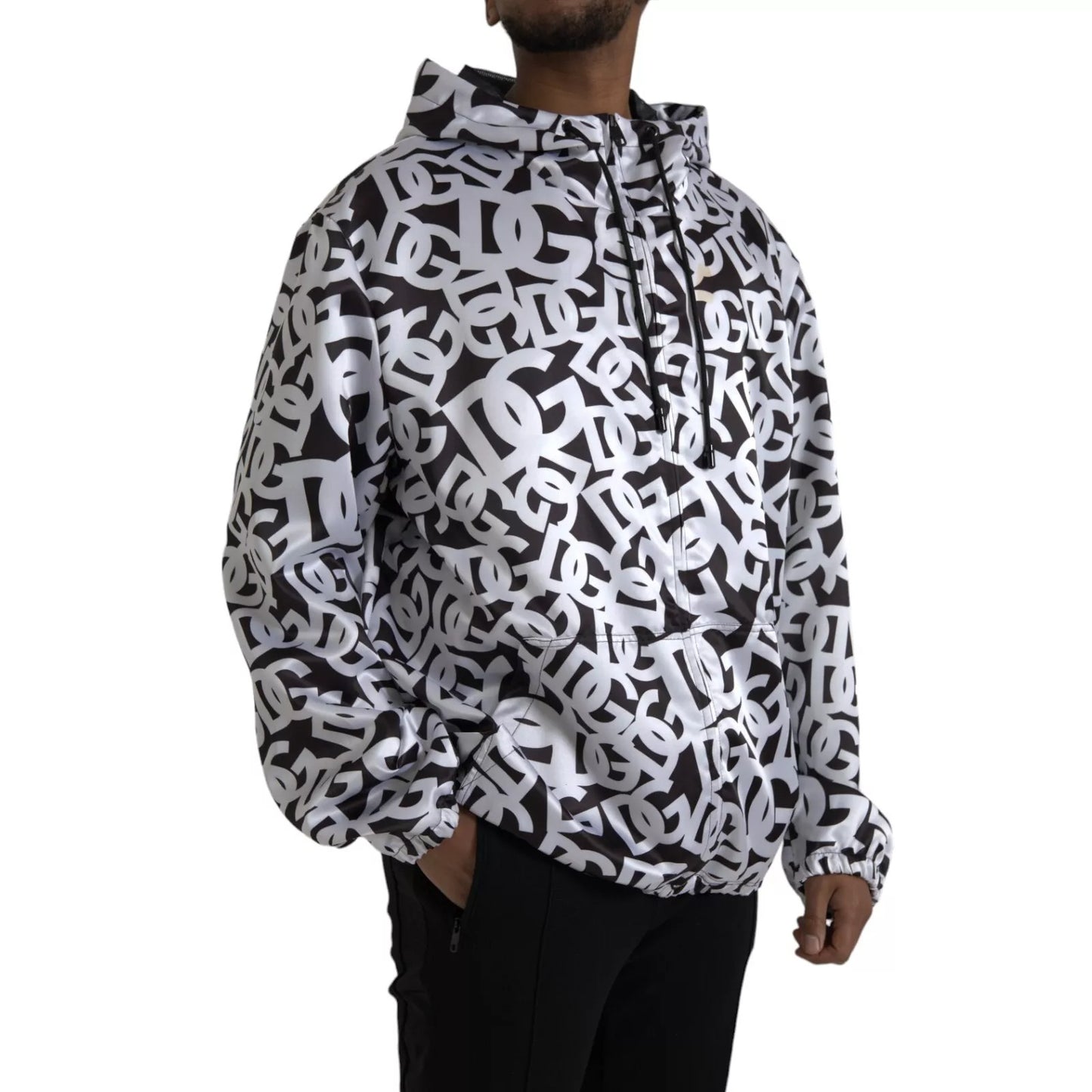 White Black Logo Hooded Full Zip Bomber Jacket