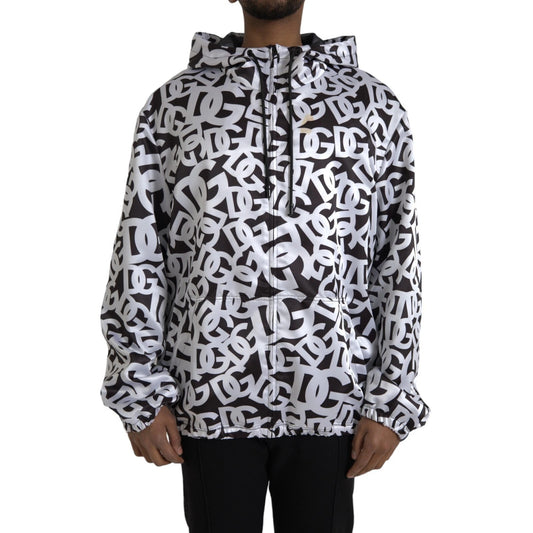 White Black Logo Hooded Full Zip Bomber Jacket