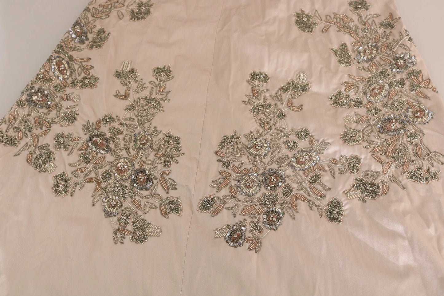 Beige Sequined Flower Flare Ball Gown Dress