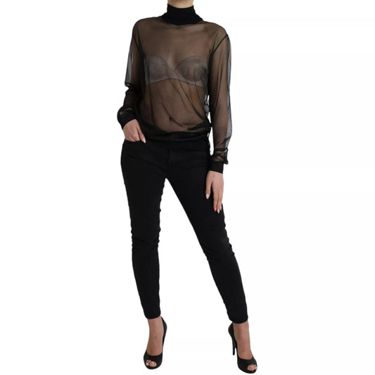 Black Mesh Turtleneck Sheer Blouse Top