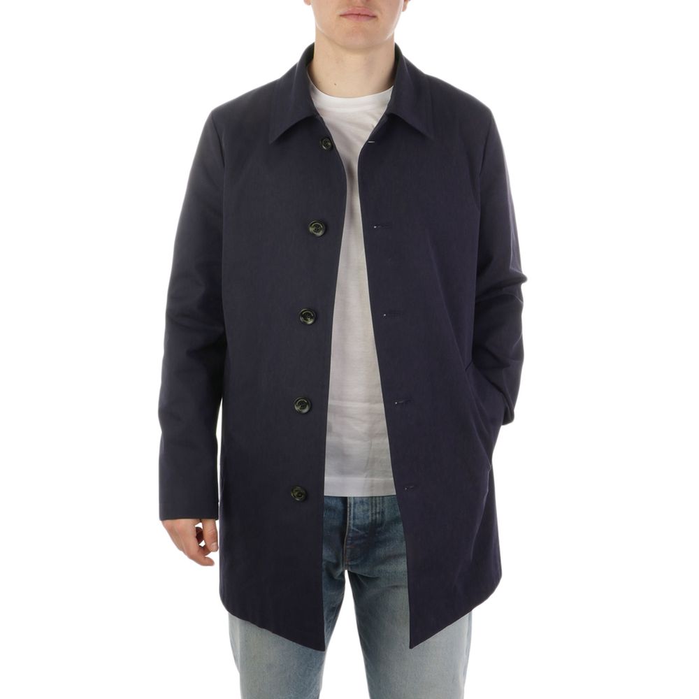 Blue Cotton Men Trench Coat