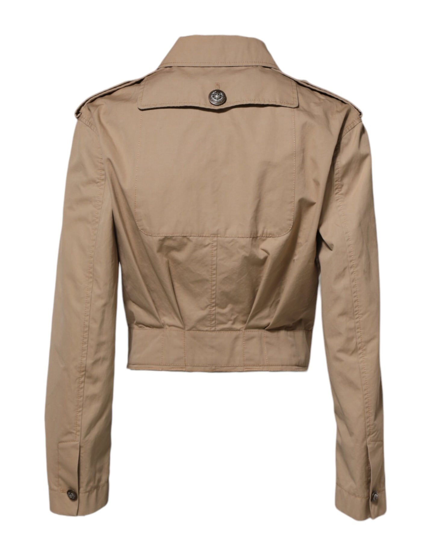 Beige Cotton Button Up Fitted Cropped Jacket