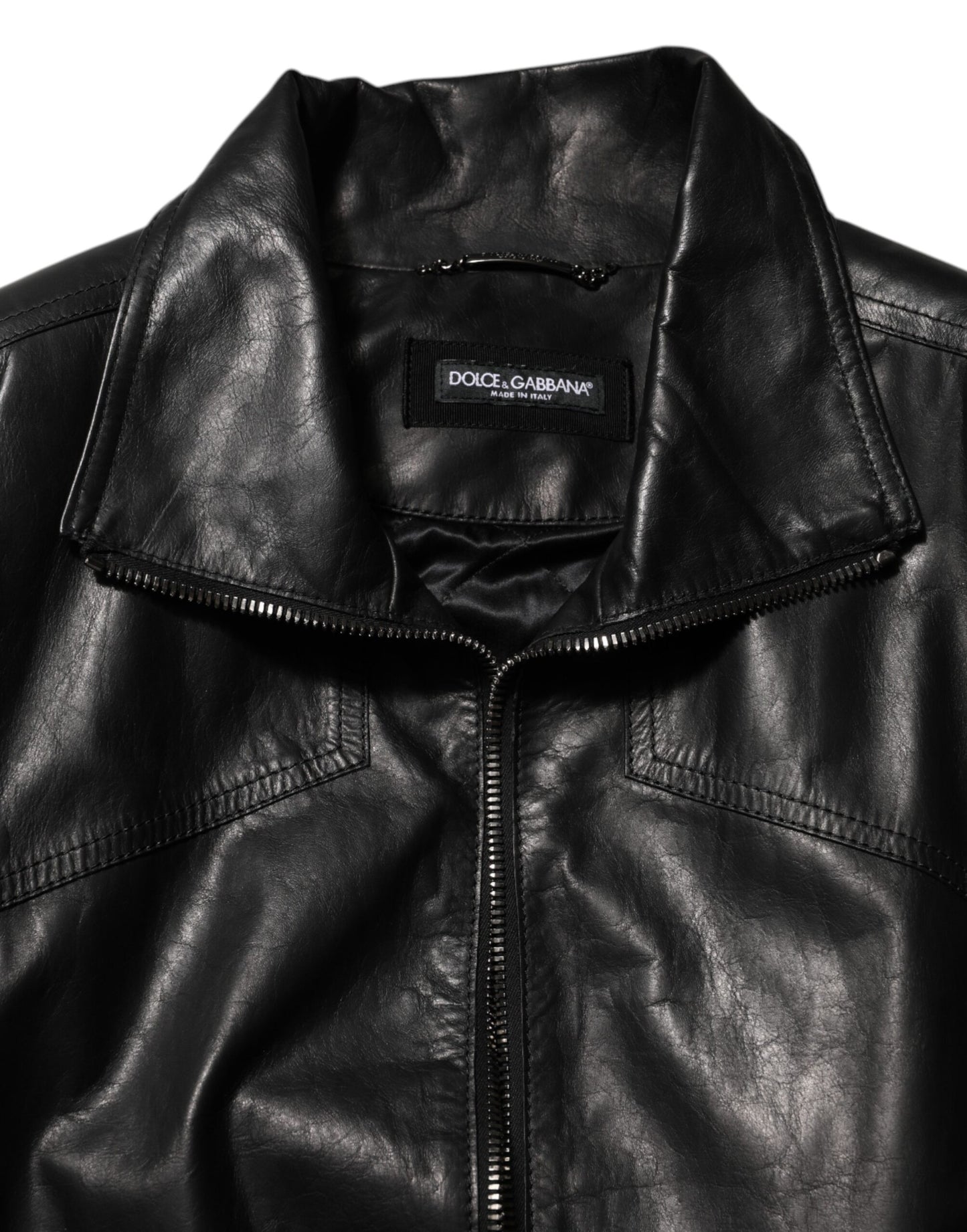 Black Leather Full Zip Biker Blouson Jacket