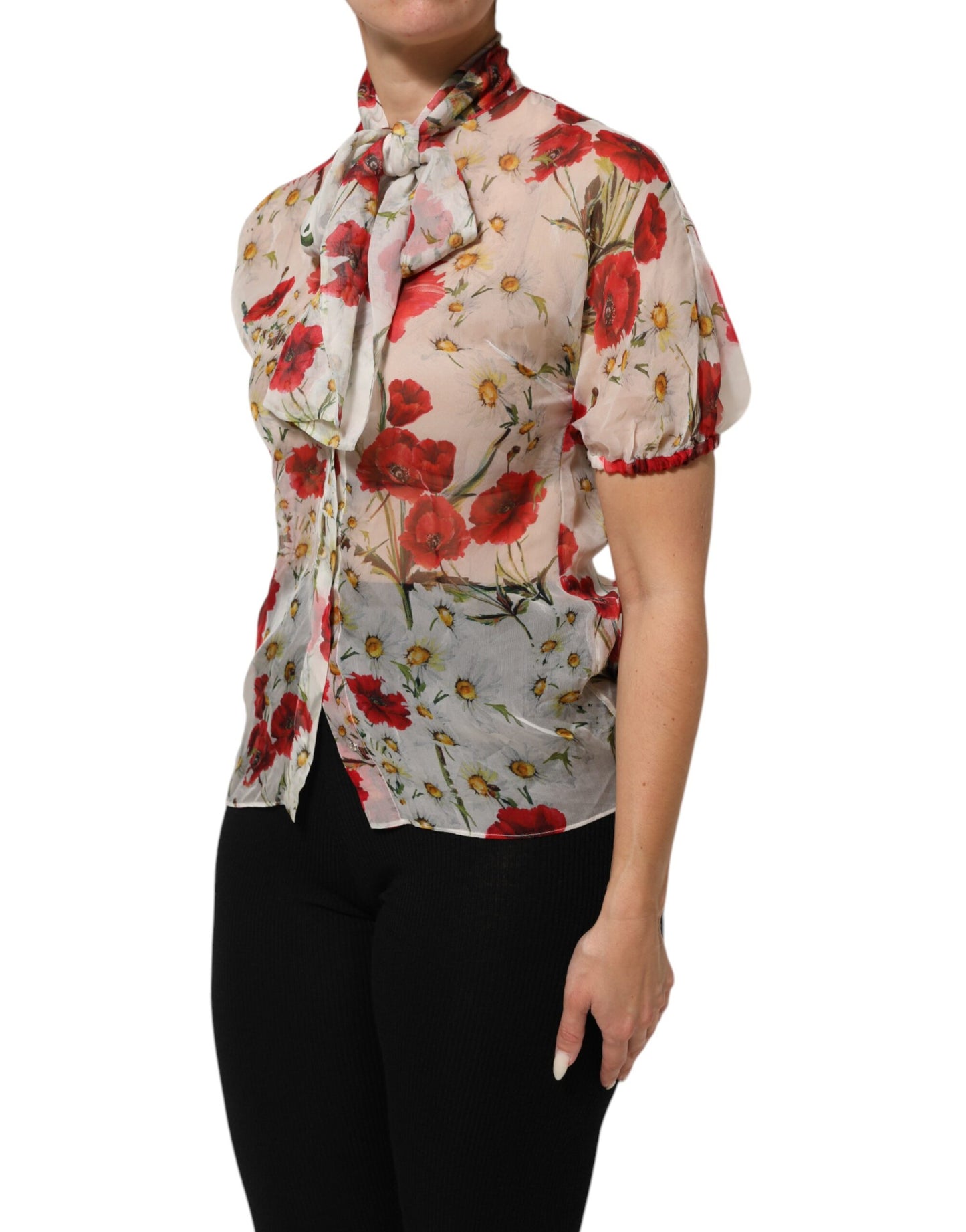 White Floral Tie-Neck Poppy Print Blouse Top