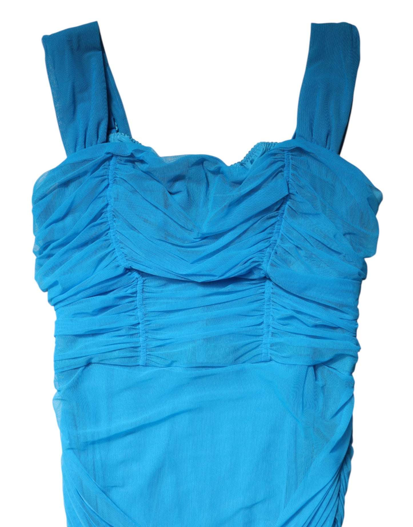 Blue Mesh Trim Ruched Tulle Sheath Dress