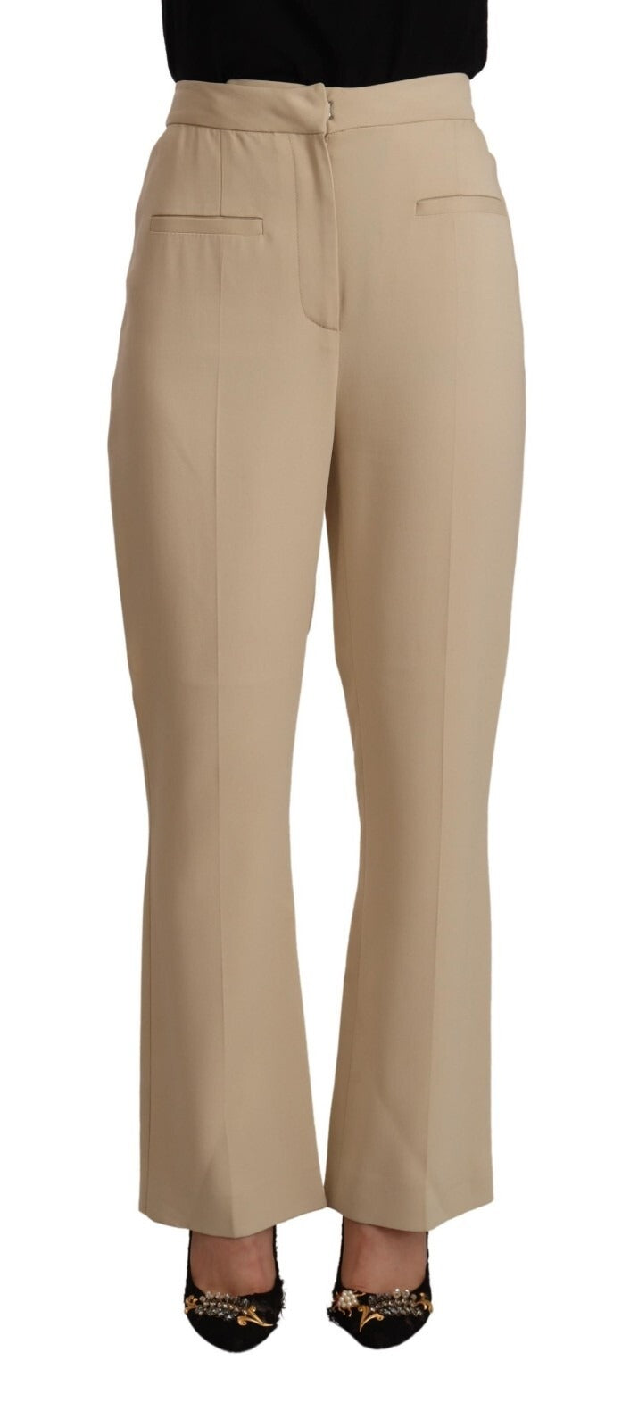 Beige Viscose High Waist Flared Dress Trouser Pants