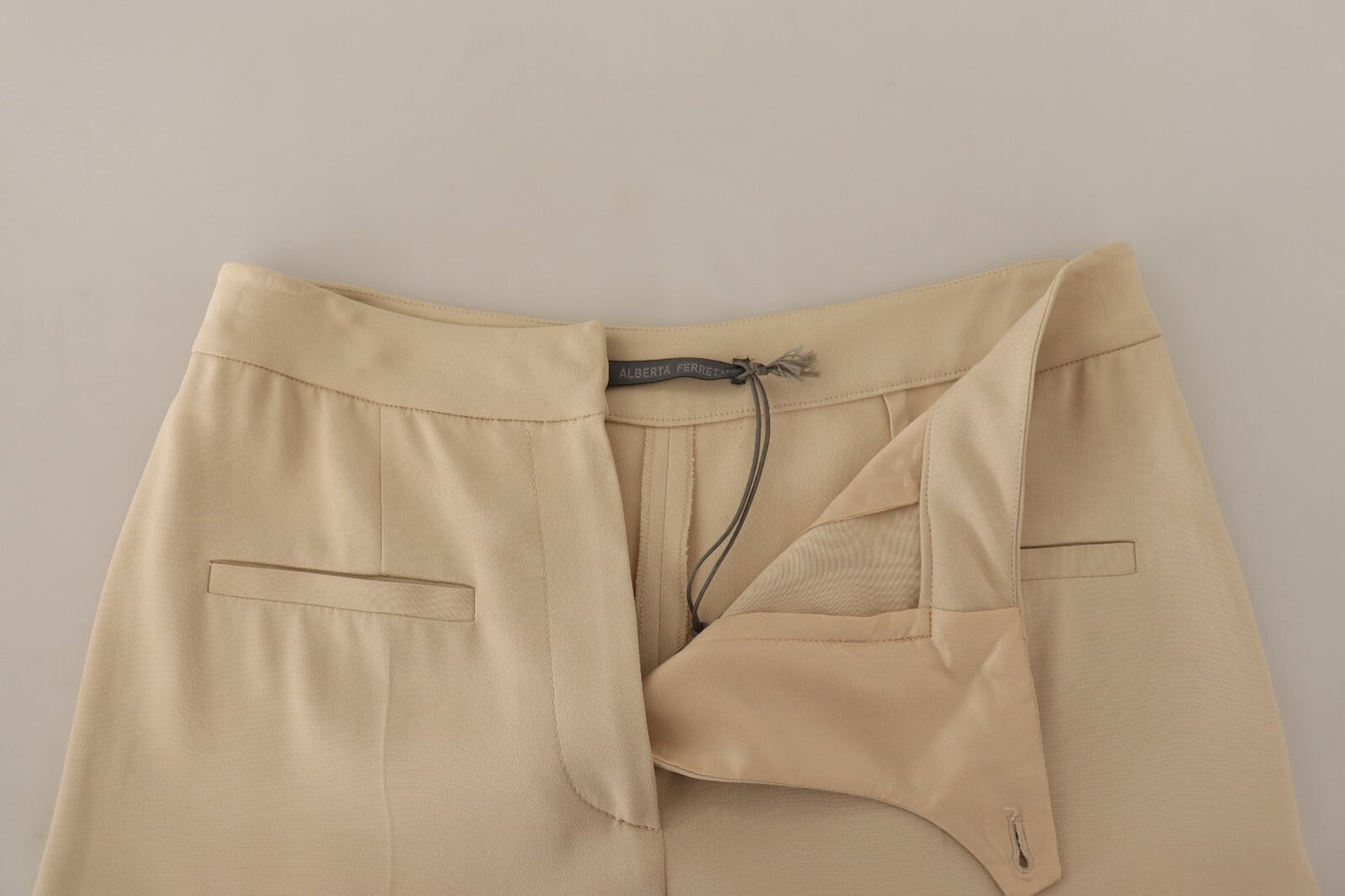 Beige Viscose High Waist Flared Dress Trouser Pants