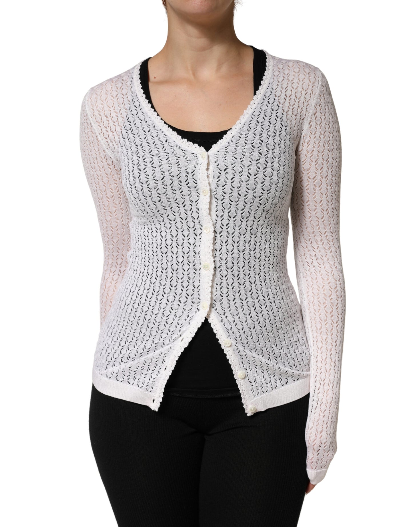 White Lace Silk Knit Long Sleeves Cardigan Top