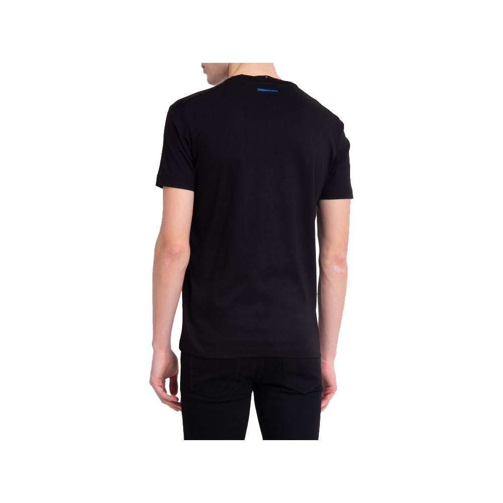 Sleek Black Cotton Tee with Bold Blue Accent