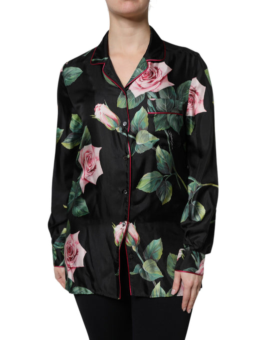 Black Floral Silk Lounge Sleepwear Blouse Top