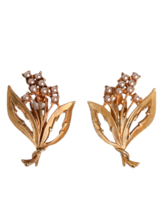 Gold Tone Brass Lily Of The Valley Pearl Clip On Earrings