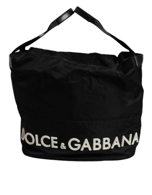 Black Nylon White Iconic Logo Shoulder Bucket Bag