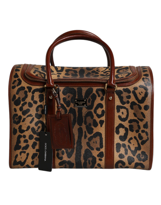 Brown Leopard Print Logo Plaque Top Handle Handbag Bag