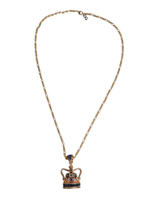 Gold Tone Chain Brass Crystal Crown Pendant Necklace