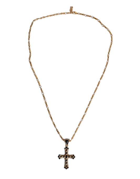 Gold Brass Chain Religious Crystal Cross Pendant Necklace