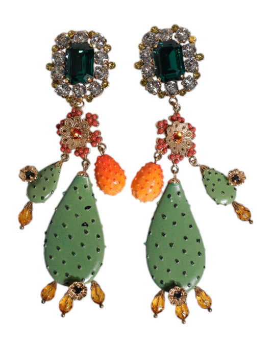 Green Cactus Crystal Clip On Dangling Jewelry Earrings