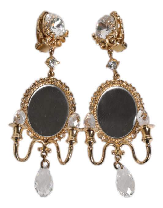 Gold Brass Clear Crystal Mirror Element Clip Dangling Earrings